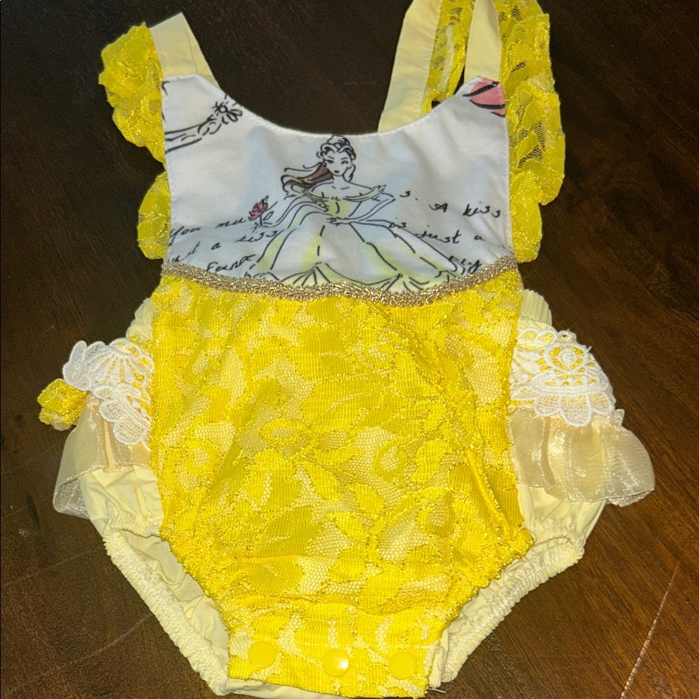 Yellow Lace Baby Romper with Princess Design